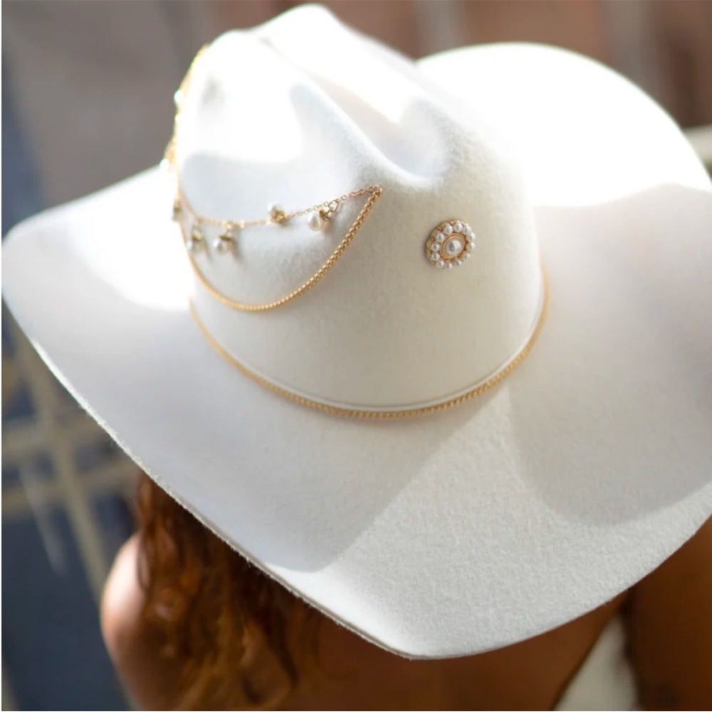 Chic White and Gold Wide-Brimmed Hat